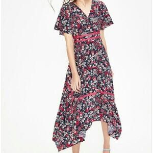 Boden Holly Hanky Hem Floral V Neck Short Sleeve A Line Midi Dress Size 4